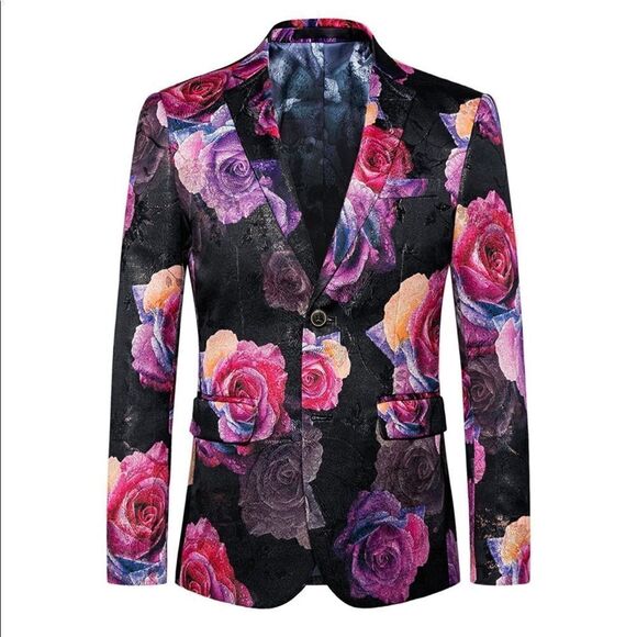 Men’s Black Floral Slim Fit 2-Button Formal Party Blazer Suit Jacket Size 36 NWT - Picture 1 of 14